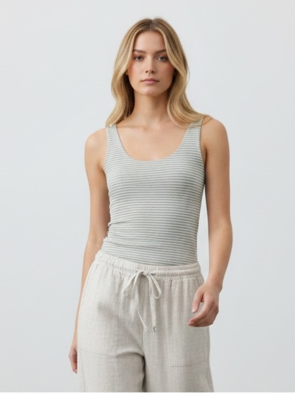 1401 • Light Grey & Cream Ultra Soft Striped Rayon Blend Double Layer Tank Top